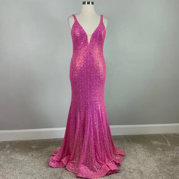 Jovani Sequined Backless Long Mermaid Evening Gown Fuchsia Pink Size 18 Dress - Picture 2 of 11